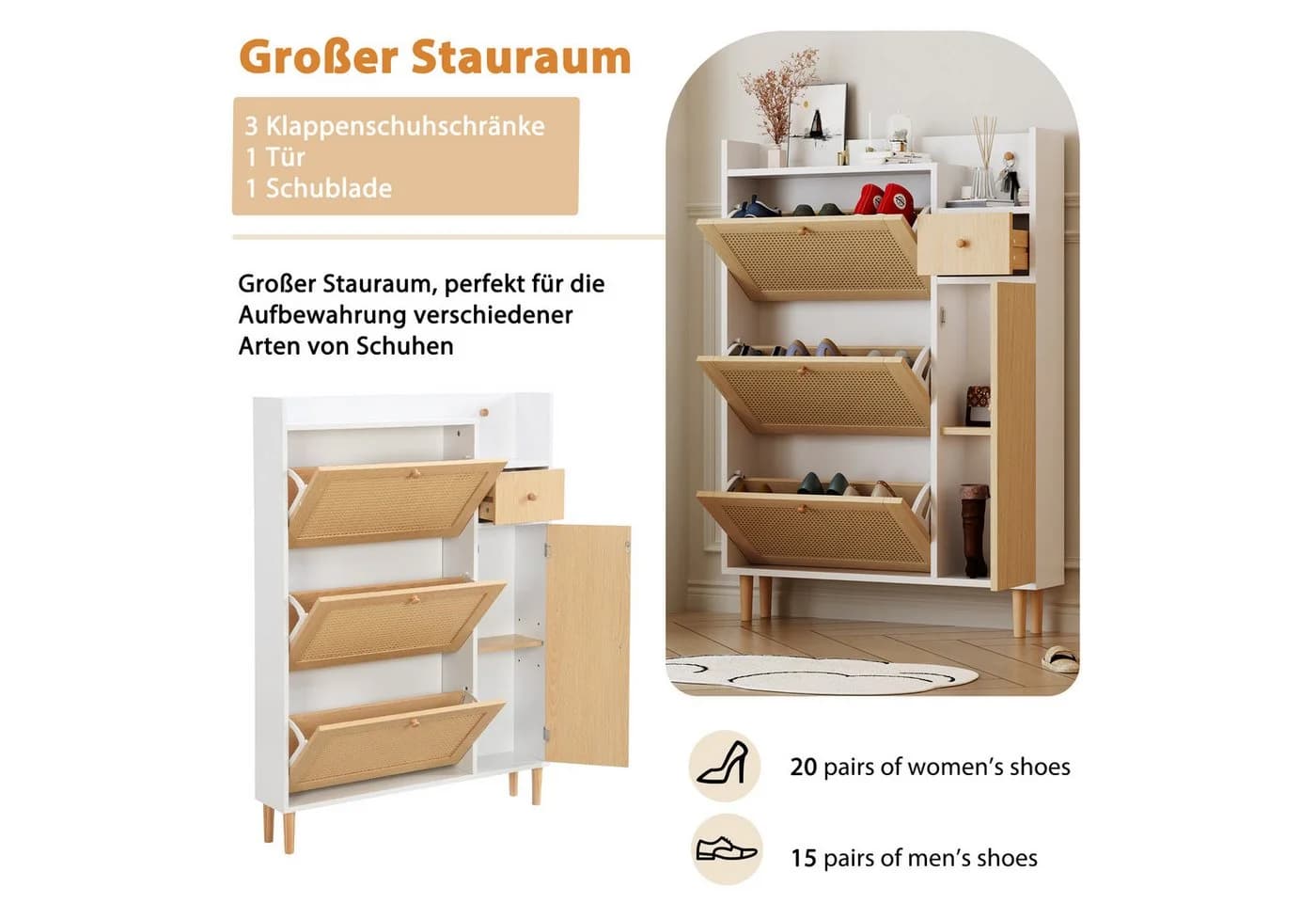 Merax Schuhschrank Weiß Rattandekor 3 Klappen Tür Schublade