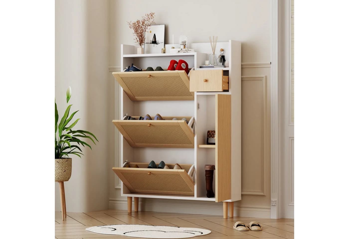 Merax Schuhschrank Weiß Rattandekor 3 Klappen Tür Schublade - Bild 4