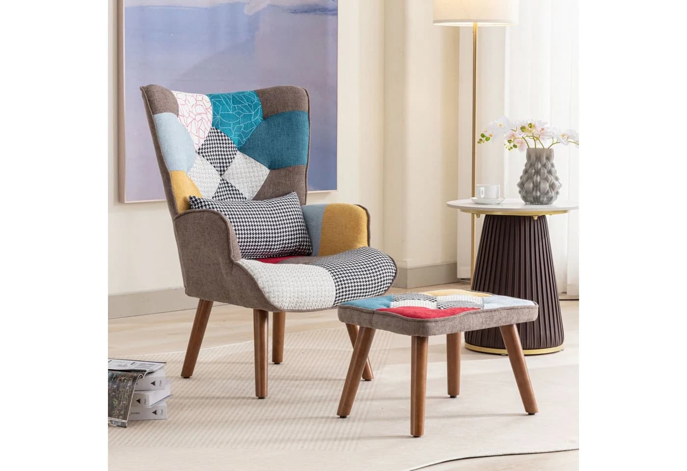 Merax Ohrensessel Patchwork mit Hocker