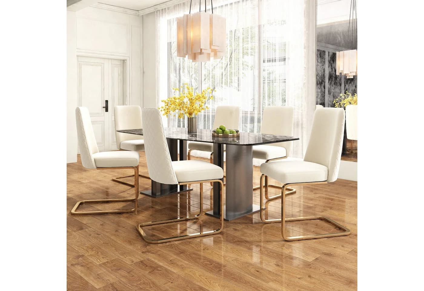 Flieks Freischwinger 6er Set Esszimmerstühle Samt Beige Gold Metallbeine - Bild 2