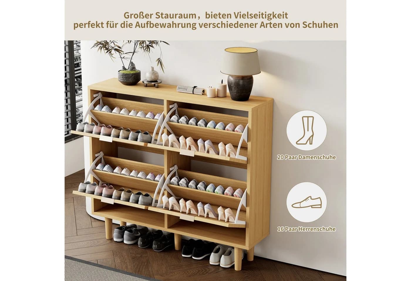 Merax Schuhkipper 4 Klappen Rattan Schuhschrank
