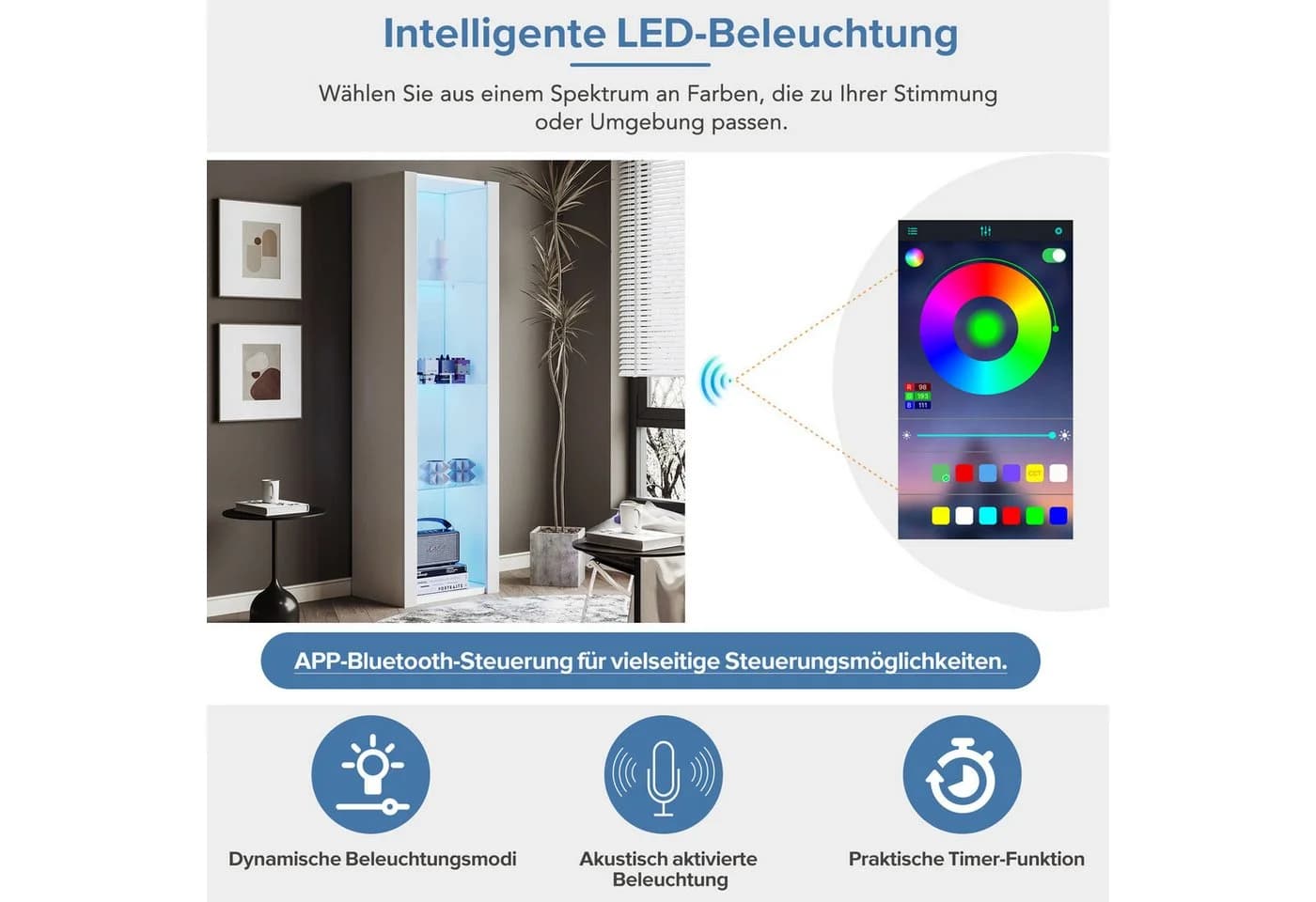 Merax Standvitrine hochglanz weiß mit LED und Glasböden - Bild 3
