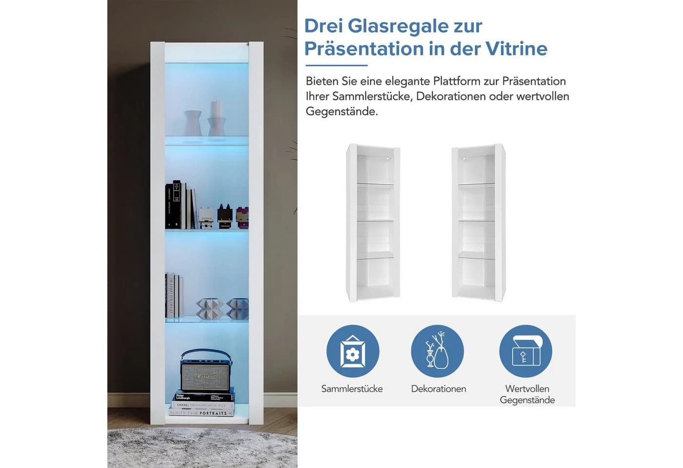 Merax Standvitrine hochglanz weiß mit LED und Glasböden - Bild 5