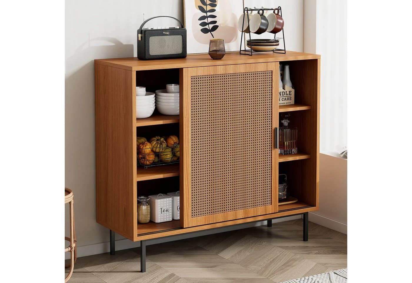 Flieks Sideboard mit Rattan-Schiebetüren Landhaus Holzfarbe - Bild 2