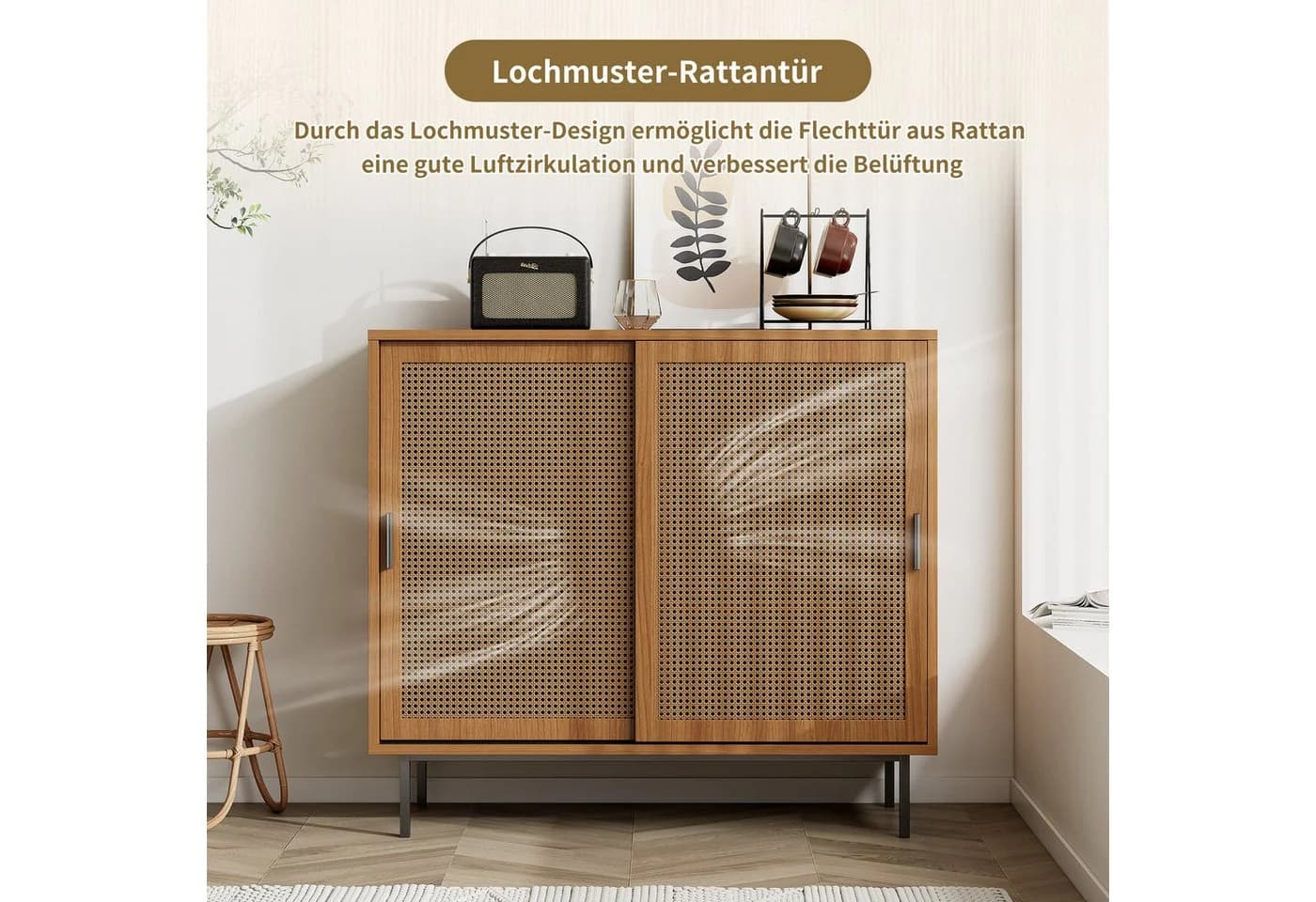 Flieks Sideboard mit Rattan-Schiebetüren Landhaus Holzfarbe - Bild 5