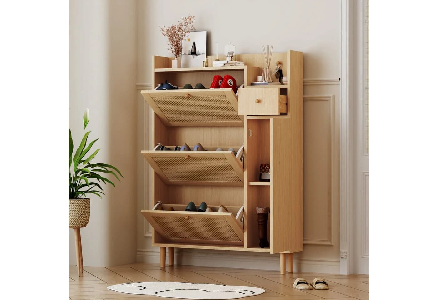 Flieks Schuhschrank 90cm mit 3 Klappen und Rattan - Bild 2