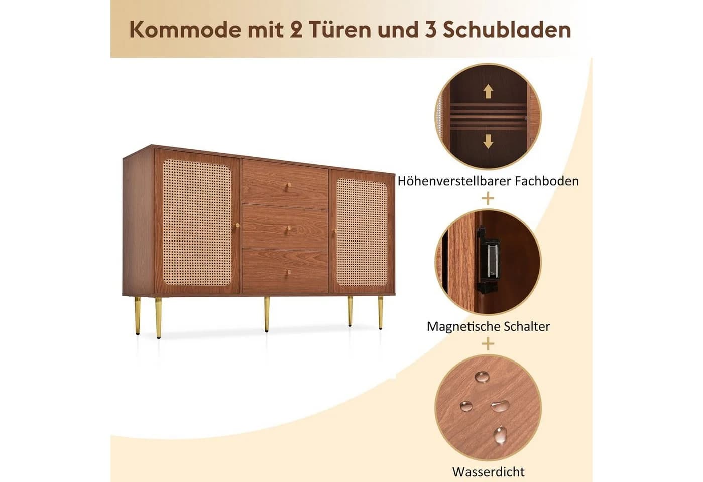 Merax Sideboard Nussbaum mit Rattan und Metallbeinen - Bild 4