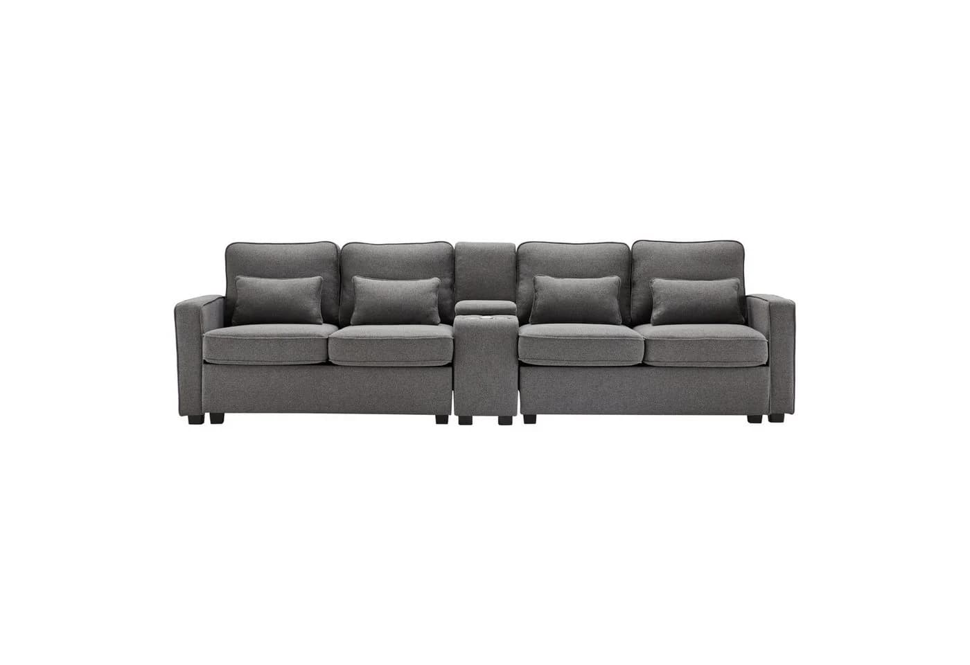 Merax 4-Sitzer XXL-Sofa Grau mit USB, Chaiselounge & Seitentaschen