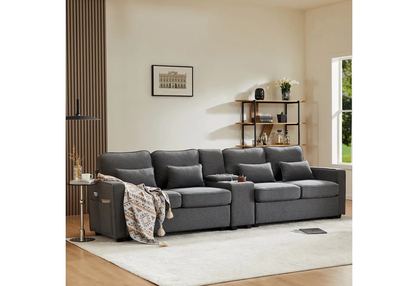 Merax 4-Sitzer XXL-Sofa Grau mit USB, Chaiselounge & Seitentaschen - Bild 2