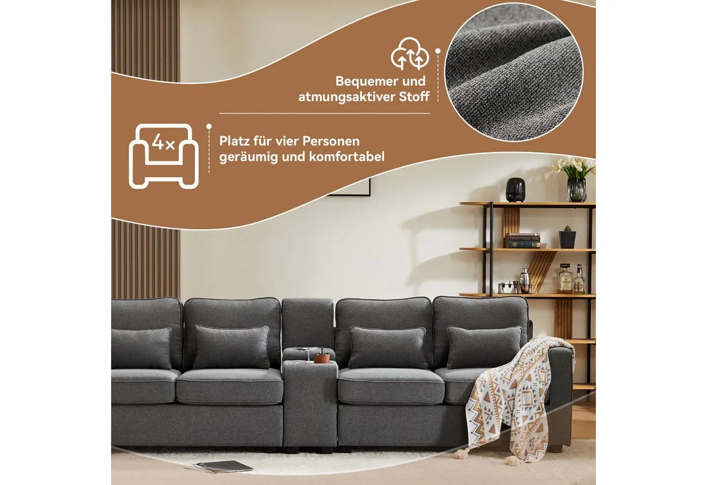 Merax 4-Sitzer XXL-Sofa Grau mit USB, Chaiselounge & Seitentaschen - Bild 3