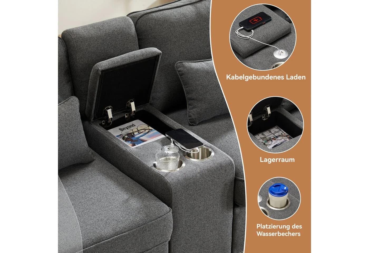Merax 4-Sitzer XXL-Sofa Grau mit USB, Chaiselounge & Seitentaschen - Bild 4