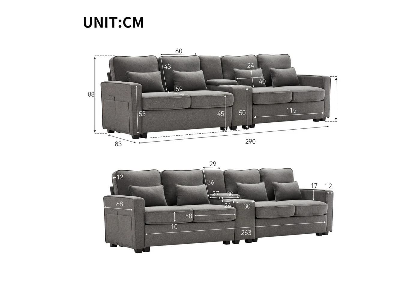 Merax 4-Sitzer XXL-Sofa Grau mit USB, Chaiselounge & Seitentaschen - Bild 5
