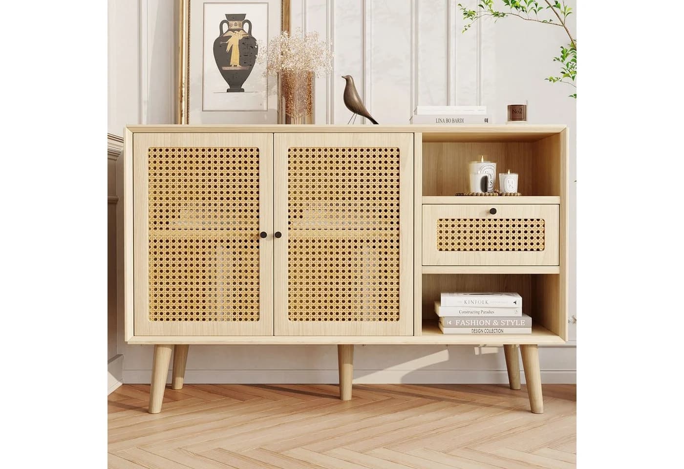 Merax Sideboard Landhausstil Rattan Eiche Schwarz - Bild 2