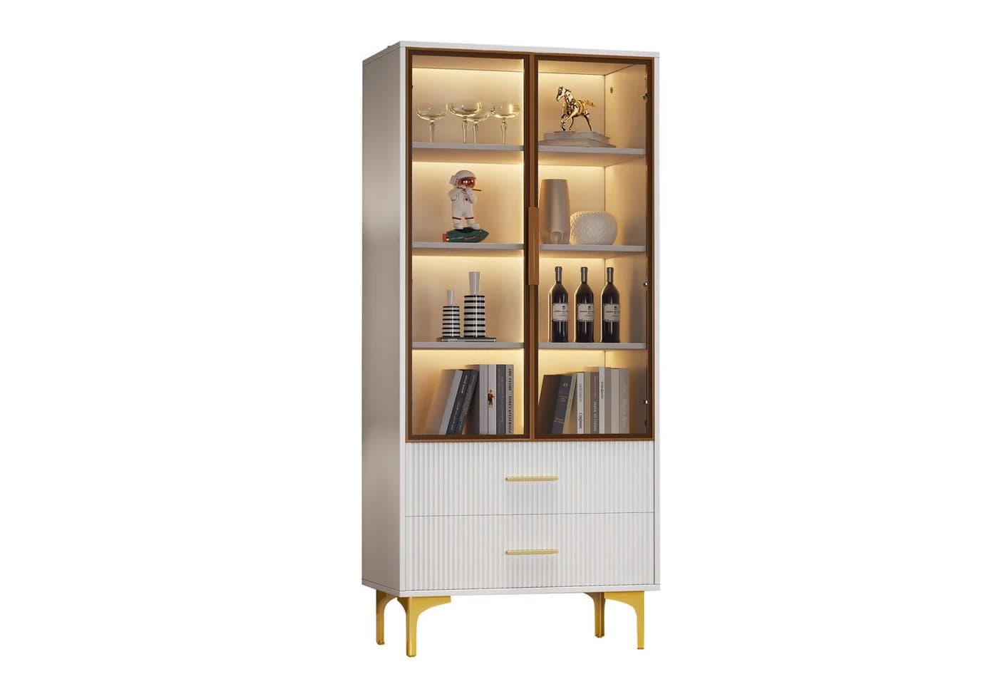 Merax Glasvitrine mit Glastüren und LED Weiß/Braun/Gold Hochschrank - Bild 2