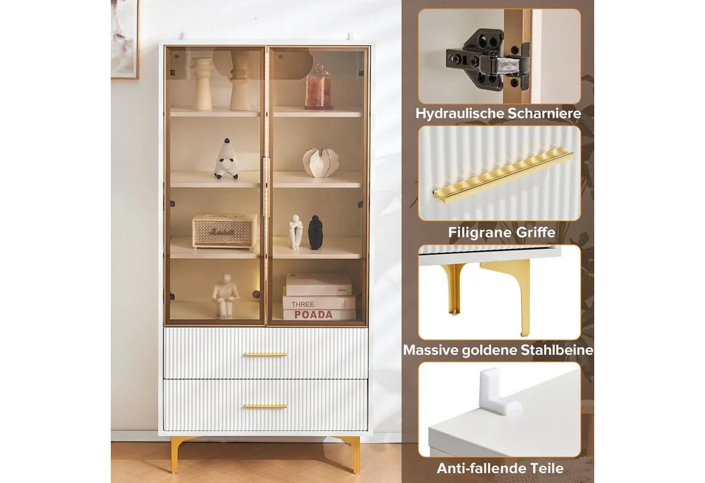 Merax Glasvitrine mit Glastüren und LED Weiß/Braun/Gold Hochschrank - Bild 3