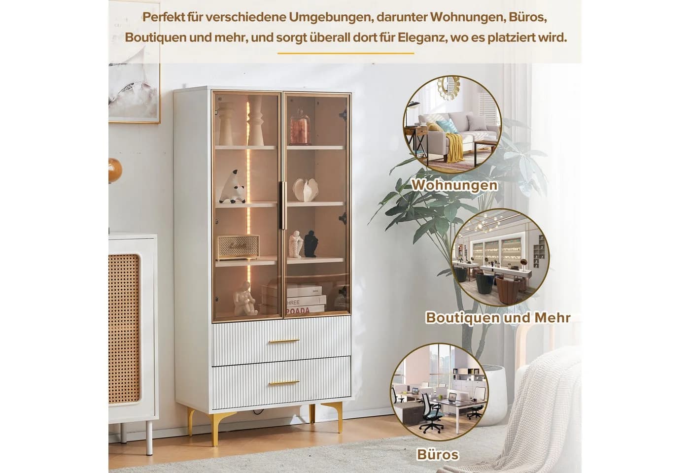 Merax Glasvitrine mit Glastüren und LED Weiß/Braun/Gold Hochschrank - Bild 5