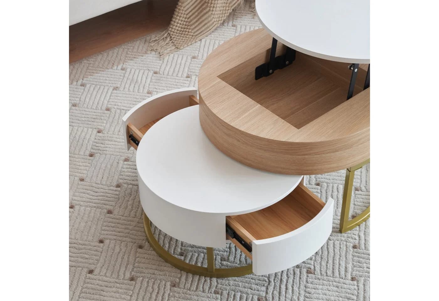 Merax Couchtisch Set mit Goldenen Metallrahmen und Schubladen