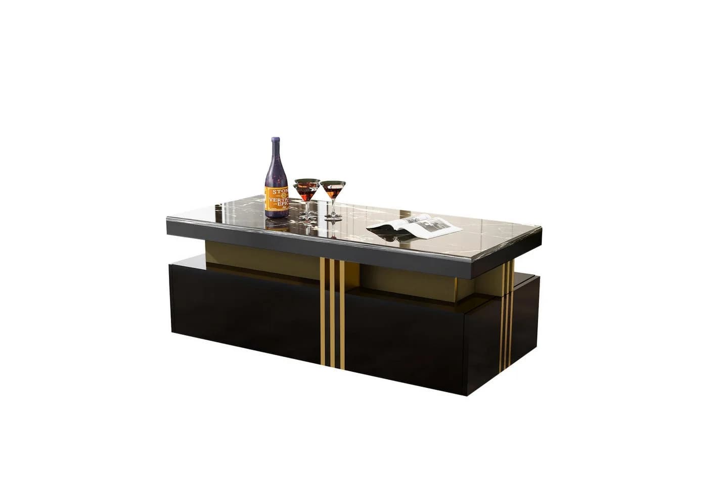 Merax Couchtisch Industrial Marmoroptik Schwarz Gold 2 Schubladen - Bild 2