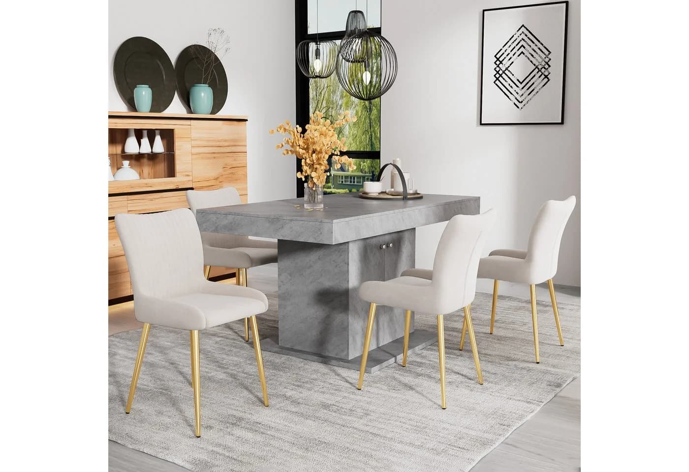 Flieks Esszimmerstuhl 4er Set Beige Samt Metallbeine Gold