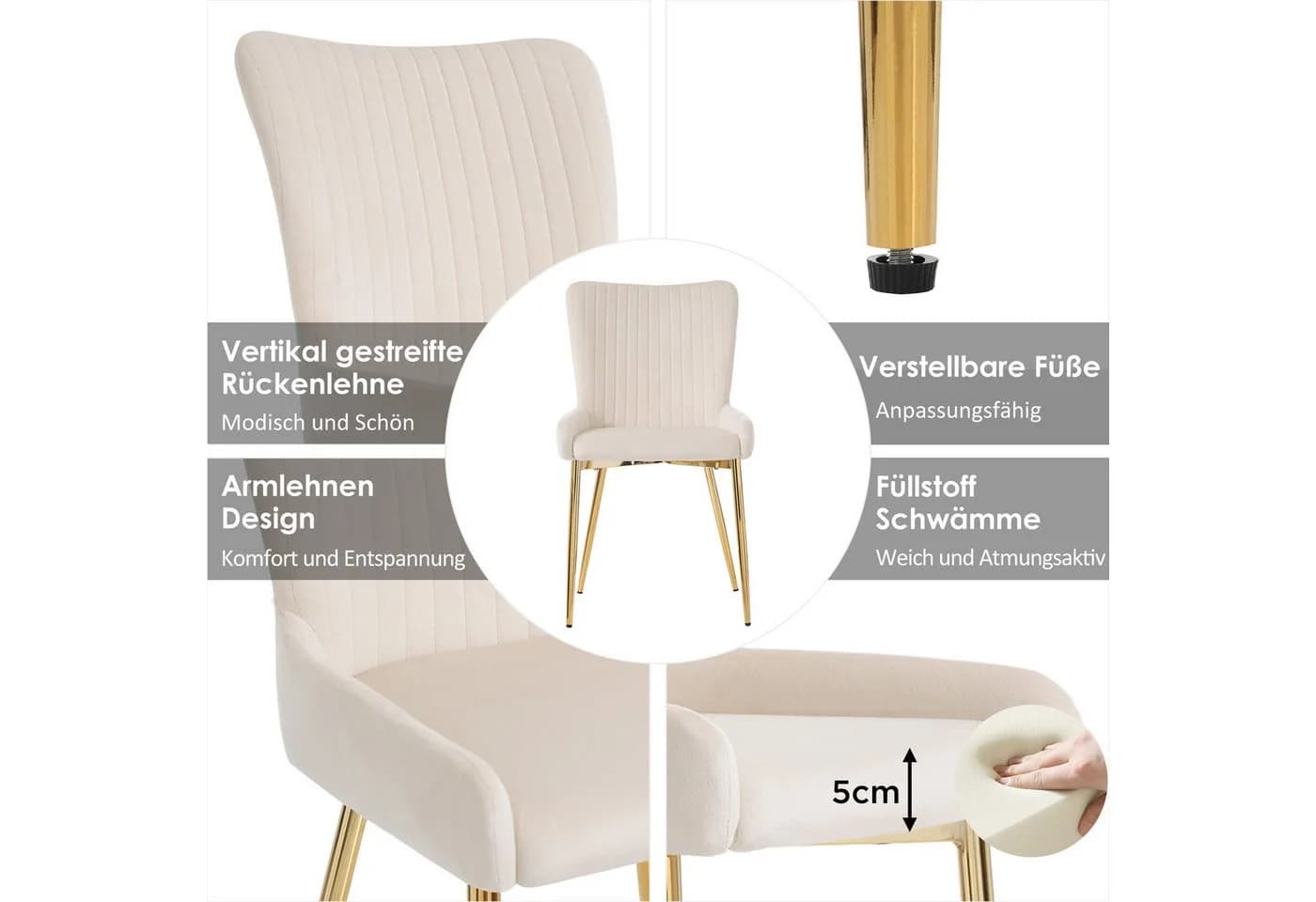Flieks Esszimmerstuhl 4er Set Beige Samt Metallbeine Gold - Bild 4