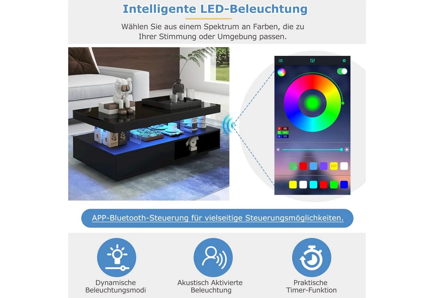 Merax Couchtisch Hochglanz Schwarz mit LED und 2 Schubladen