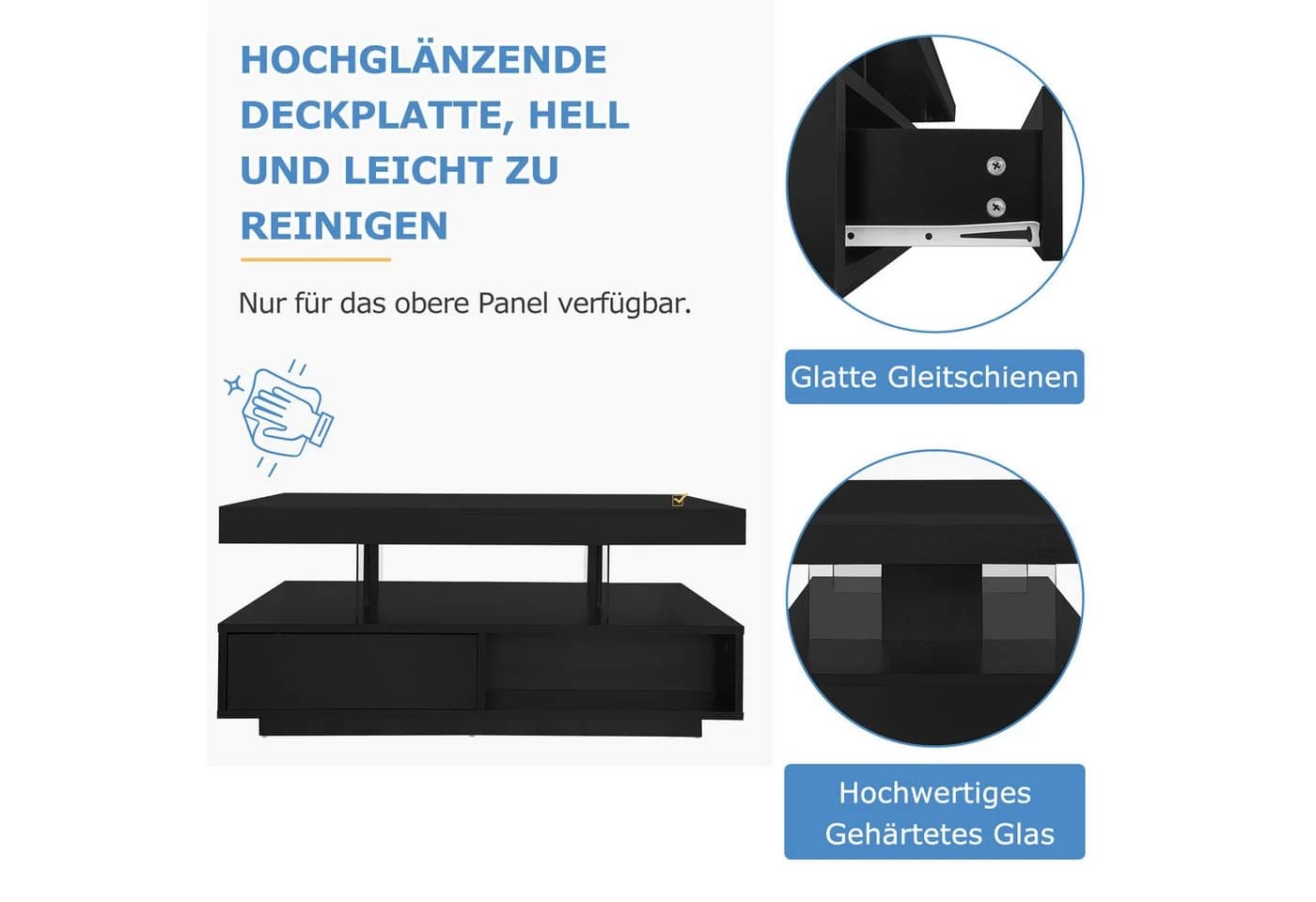Merax Couchtisch Hochglanz Schwarz mit LED und 2 Schubladen - Bild 3