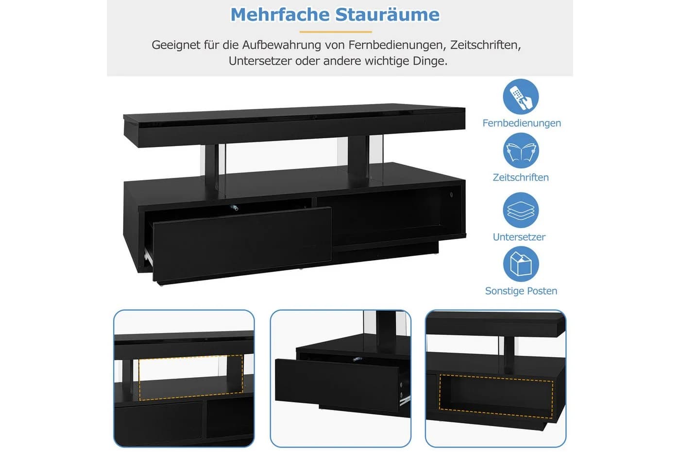 Merax Couchtisch Hochglanz Schwarz mit LED und 2 Schubladen - Bild 5
