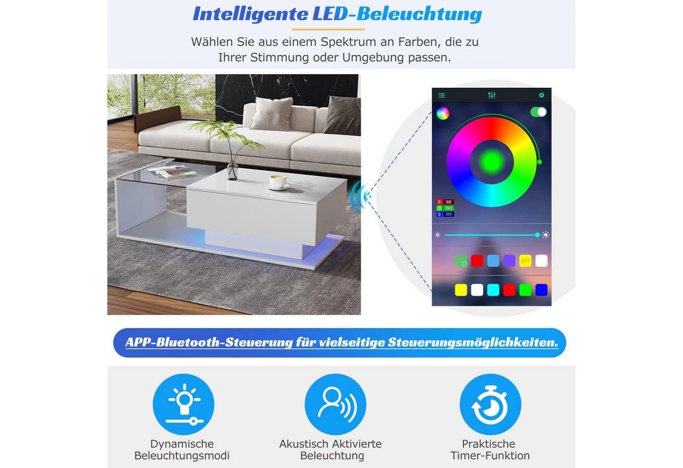 Merax Couchtisch Weiß Hochglanz mit LED und App-Steuerung - Bild 5