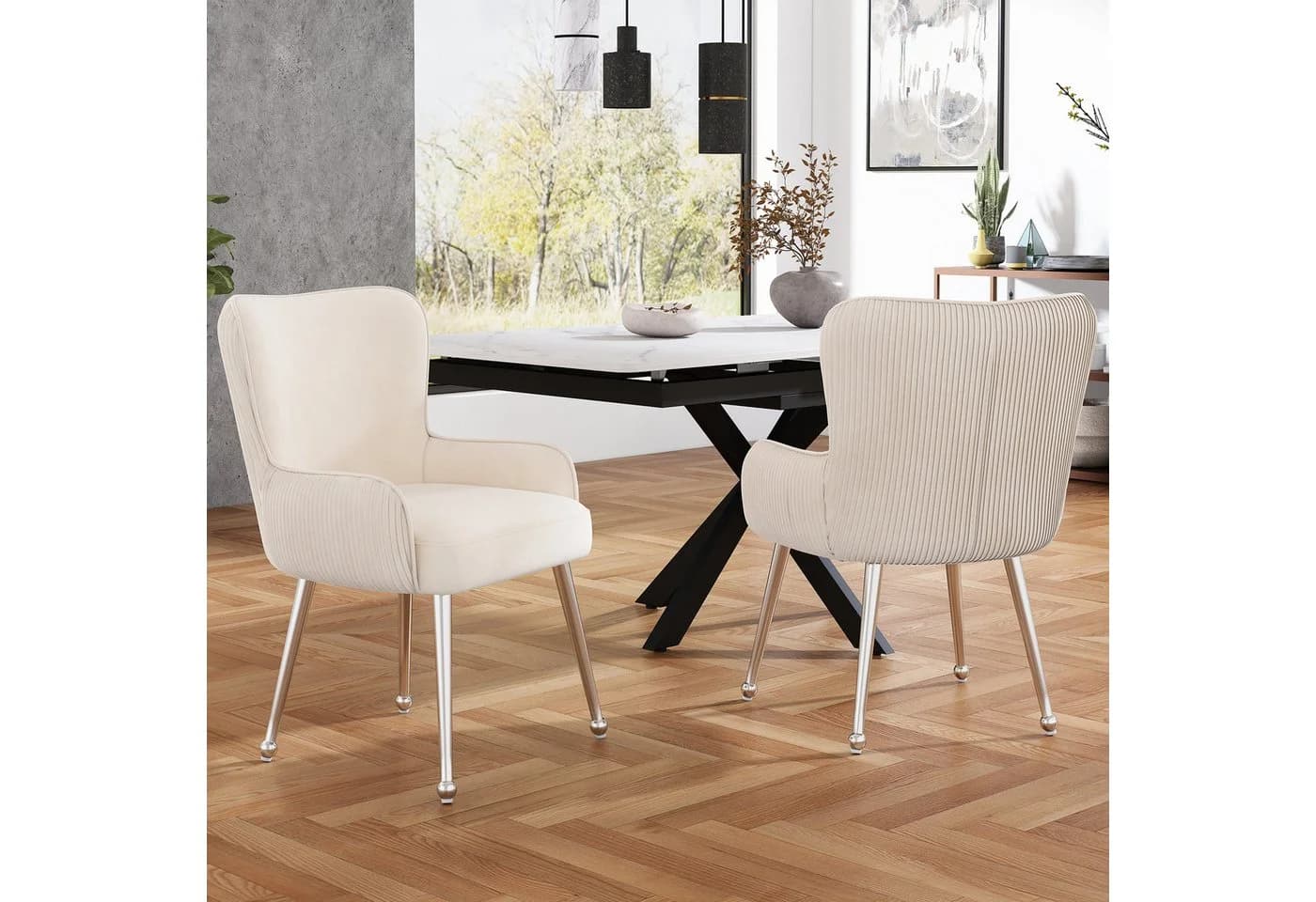 Flieks Esszimmerstuhl 2er Set Samt Armlehnen Beige Silber