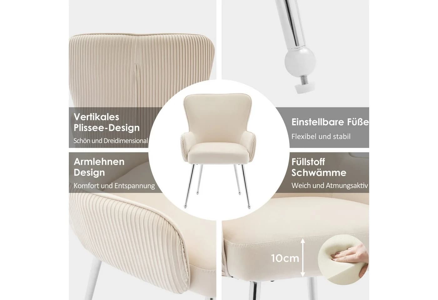 Flieks Esszimmerstuhl 2er Set Samt Armlehnen Beige Silber - Bild 4