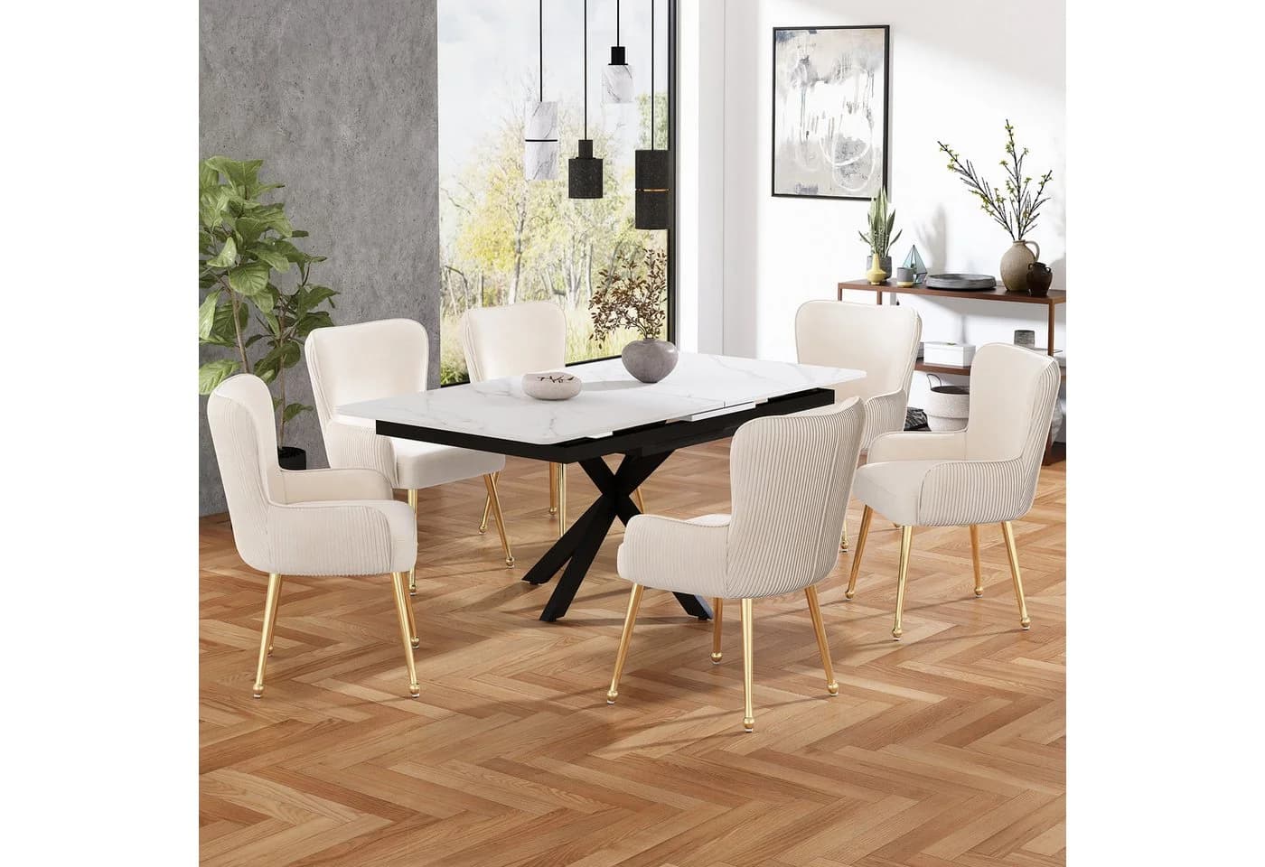 Flieks Esszimmerstuhl 6er Set Samt Metallbeine Beige/Gold