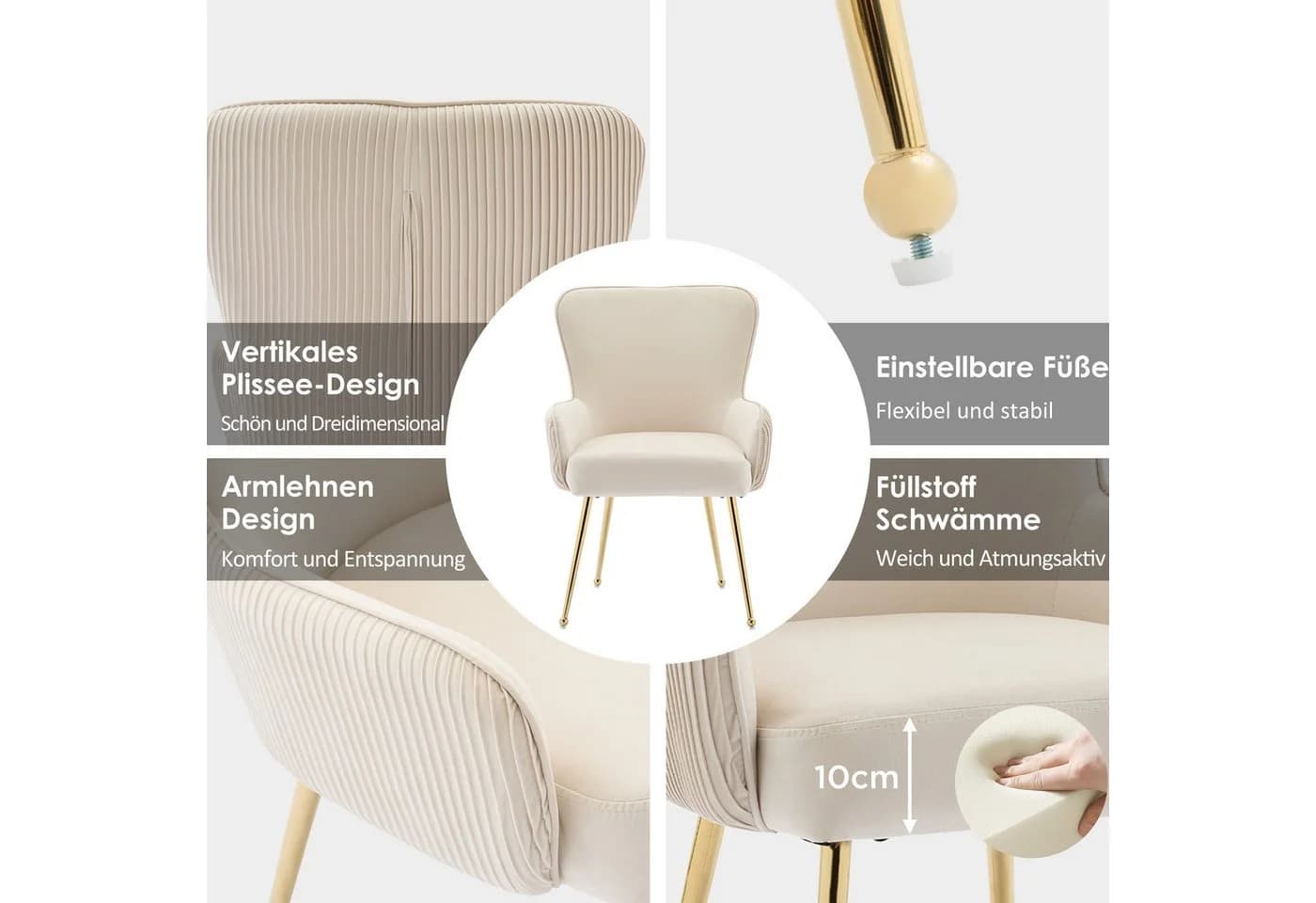 Flieks Esszimmerstuhl 6er Set Samt Metallbeine Beige/Gold - Bild 4