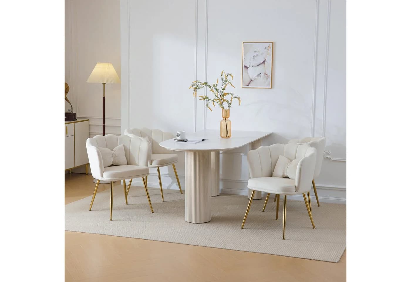 Flieks Polsterstuhl 6er Set Beige Samt Blütenblattstuhl mit Kissen