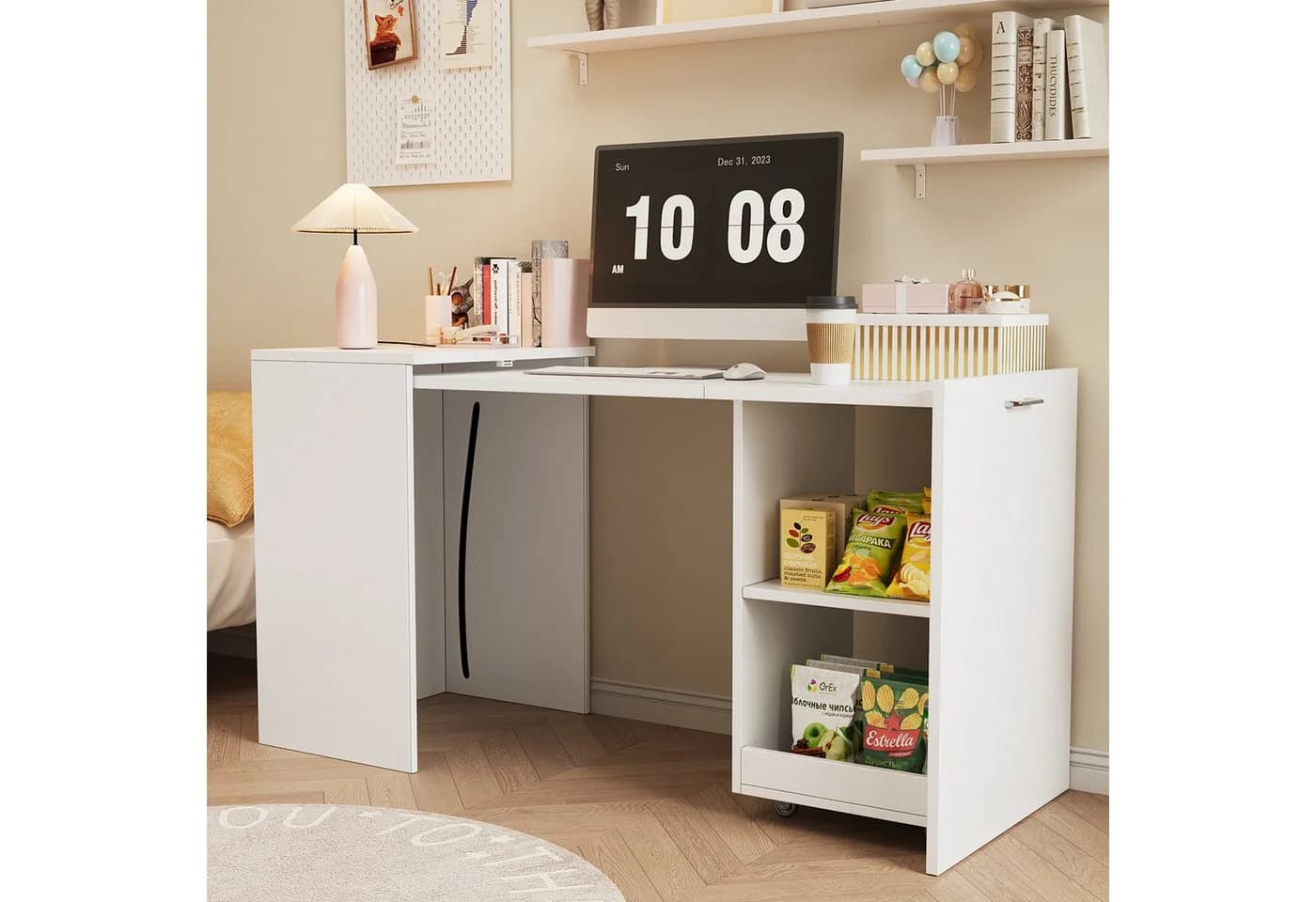 Flieks Regal-Schreibtisch 2-in-1 ausziehbar mit Rollen Weiß