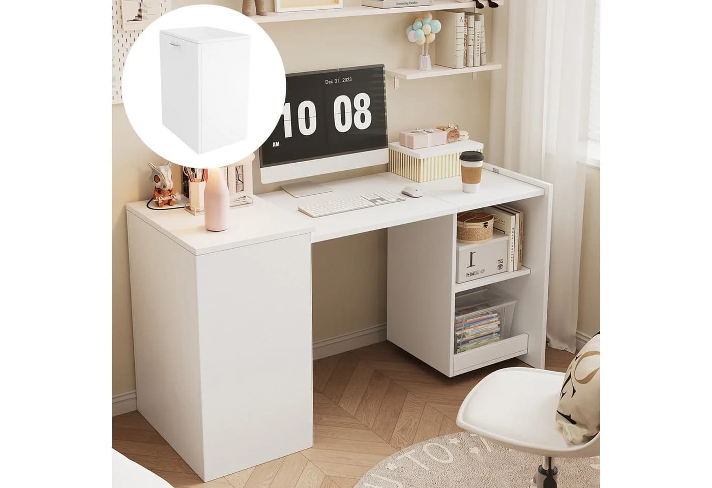 Flieks Regal-Schreibtisch 2-in-1 ausziehbar mit Rollen Weiß - Bild 2
