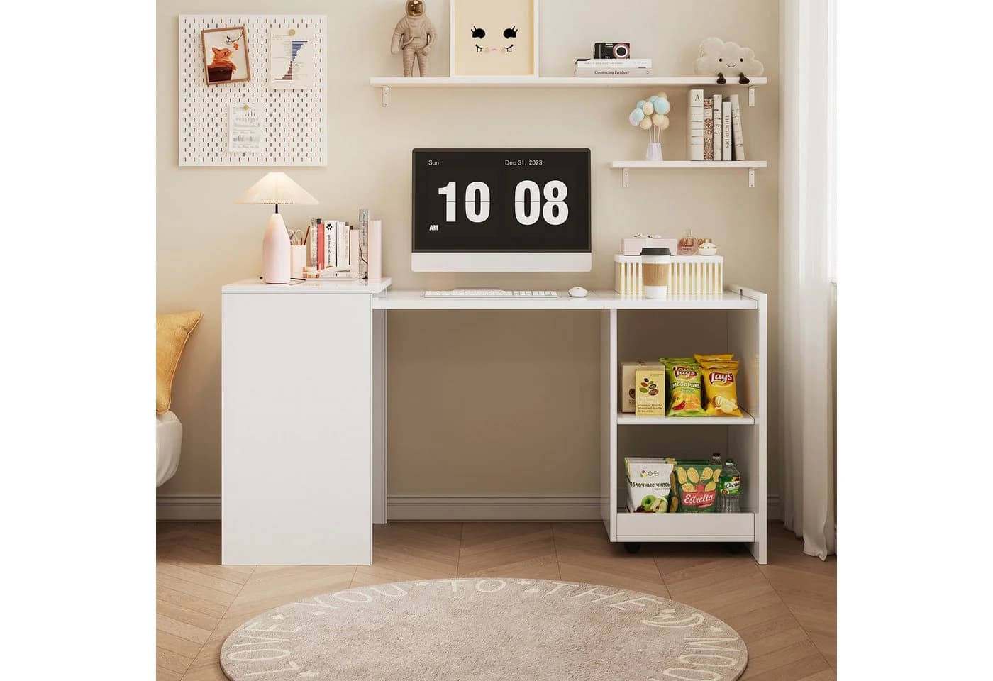 Flieks Regal-Schreibtisch 2-in-1 ausziehbar mit Rollen Weiß - Bild 3