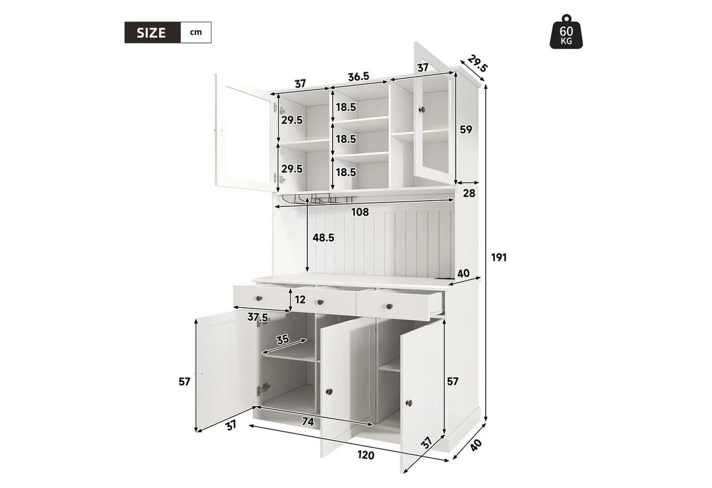 Flieks Küchenbuffet Weiß mit USB-Anschlüssen und Glastüren - Bild 5