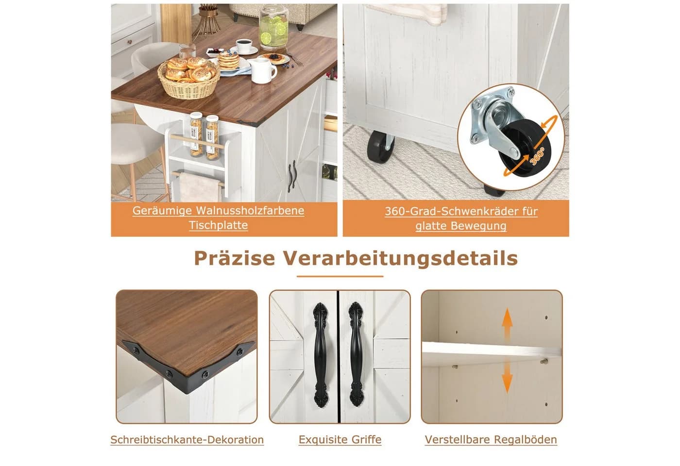 Flieks Küchenwagen Beige mit erweiterbarer Arbeitsplatte und 3 Schubladen - Bild 5