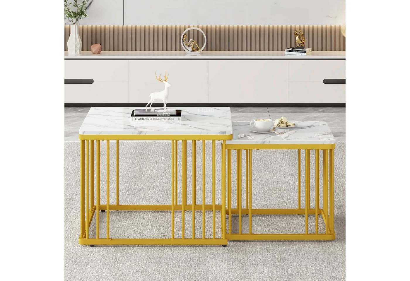 Merax Couchtisch 2er Set Marmoroptik Weiß Gold Metallrahmen