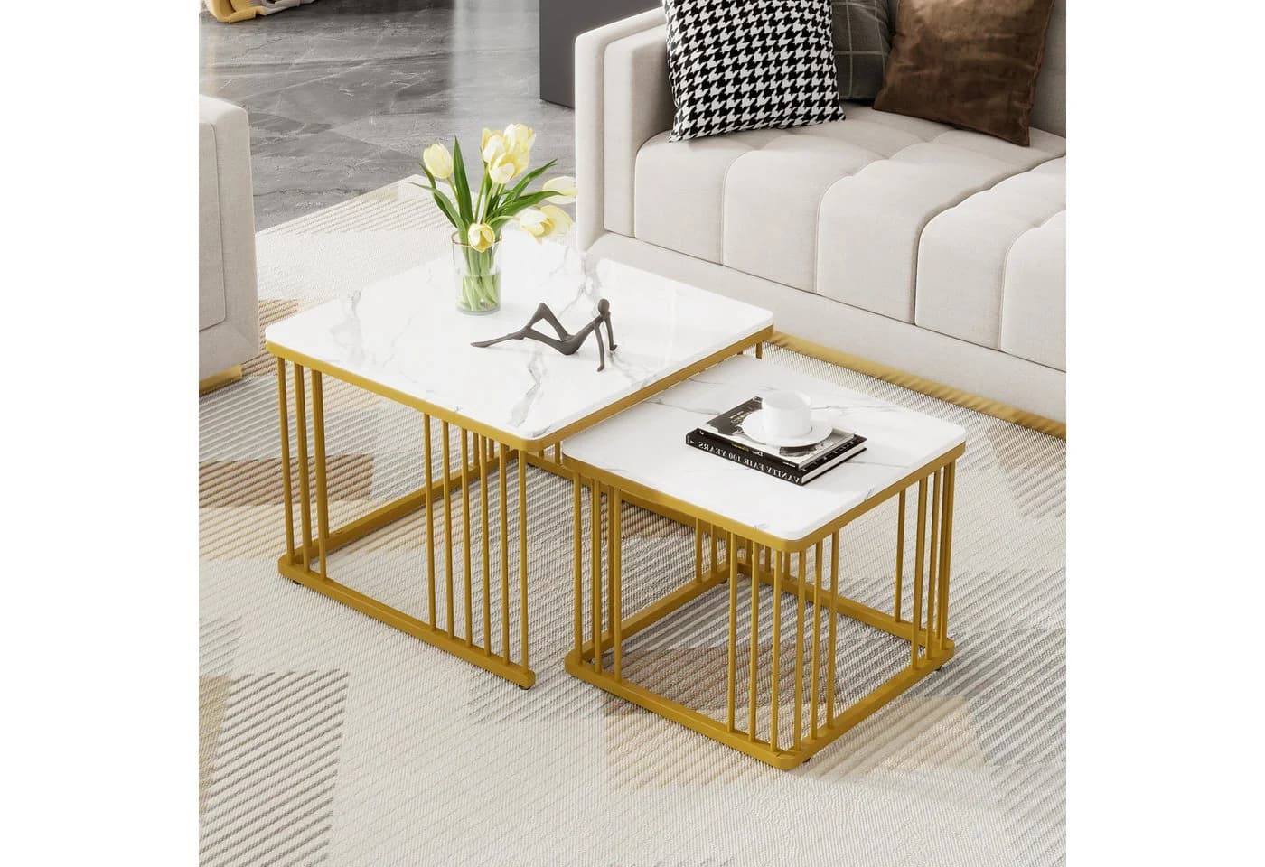 Merax Couchtisch 2er Set Marmoroptik Weiß Gold Metallrahmen - Bild 2