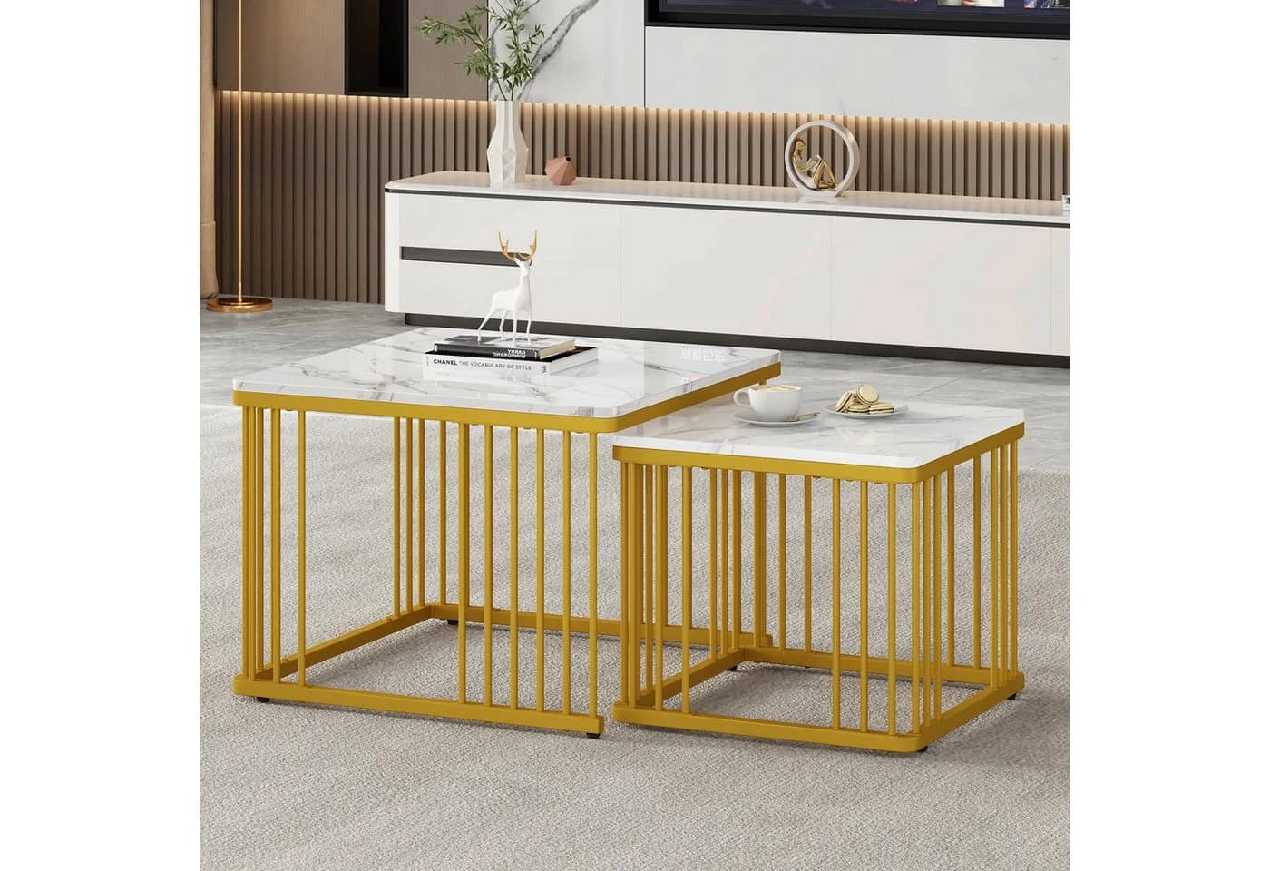 Merax Couchtisch 2er Set Marmoroptik Weiß Gold Metallrahmen - Bild 3