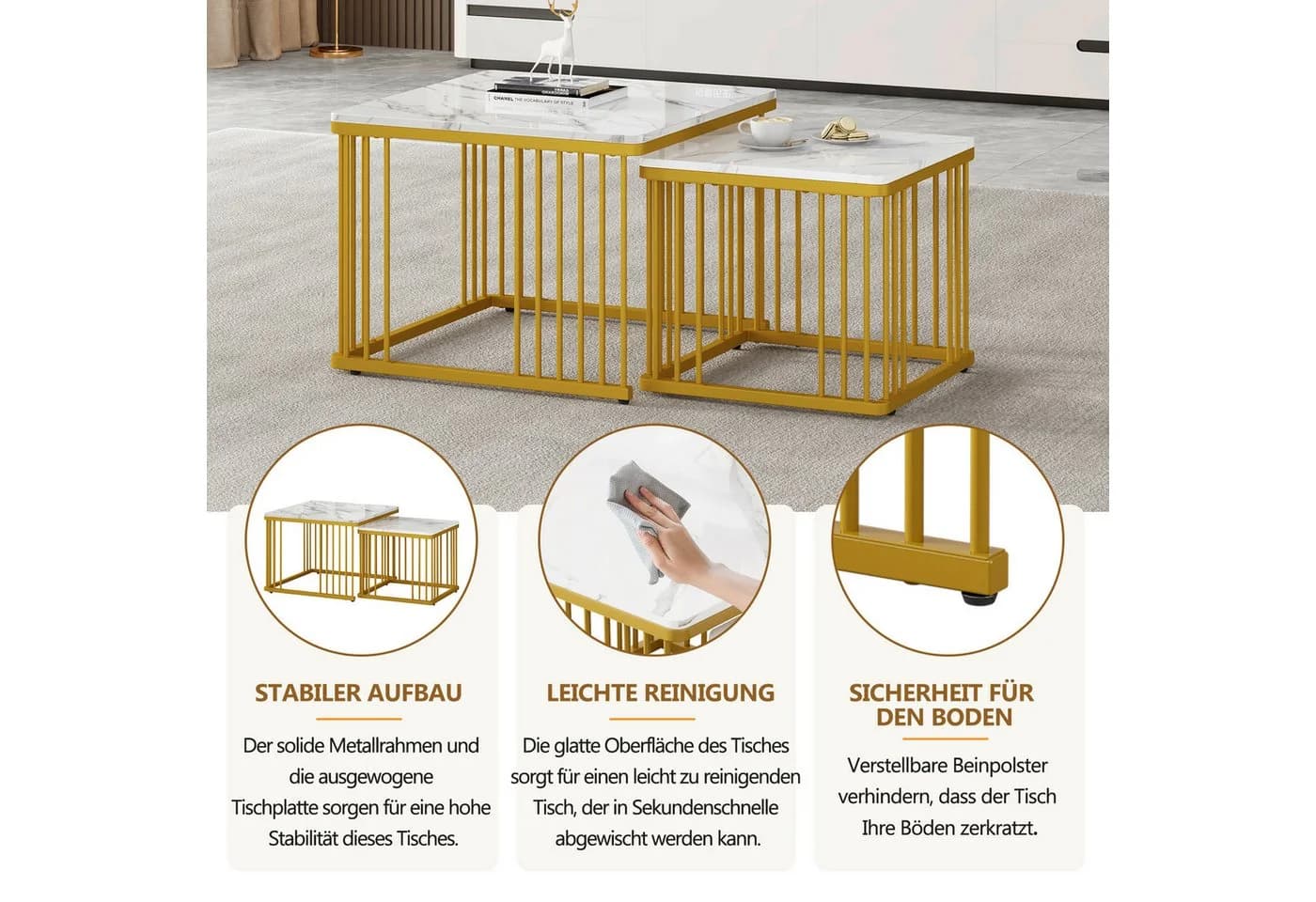 Merax Couchtisch 2er Set Marmoroptik Weiß Gold Metallrahmen - Bild 4