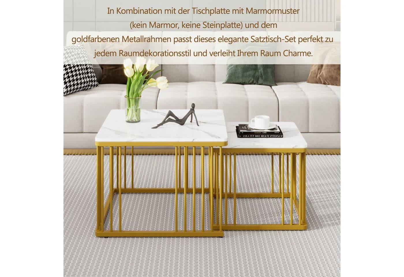 Merax Couchtisch 2er Set Marmoroptik Weiß Gold Metallrahmen - Bild 5