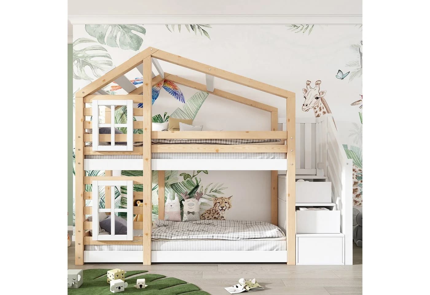 Merax Etagenbett mit Treppen und Rausfallschutz Kiefer Kinderbett