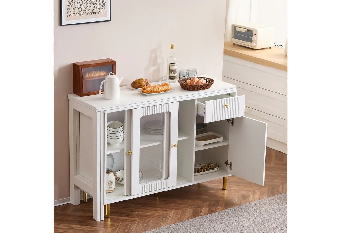 Flieks Sideboard mit ausziehbarer Tischplatte Weiß