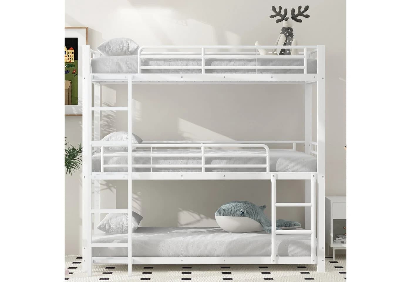 Merax Dreifach-Etagenbett Metallbett 90x200cm mit 3 Liegeflächen