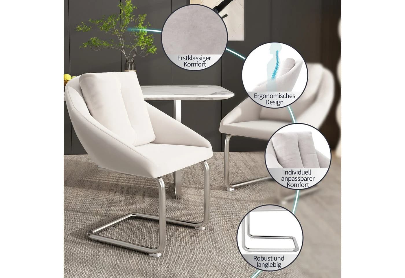 Flieks Freischwinger 4er Set Esszimmerstühle Beige Samt - Bild 4