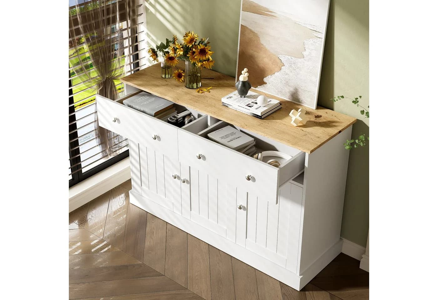 Merax Sideboard Shabby-Stil 120cm Weiß mit Schubladen & Türen - Bild 3