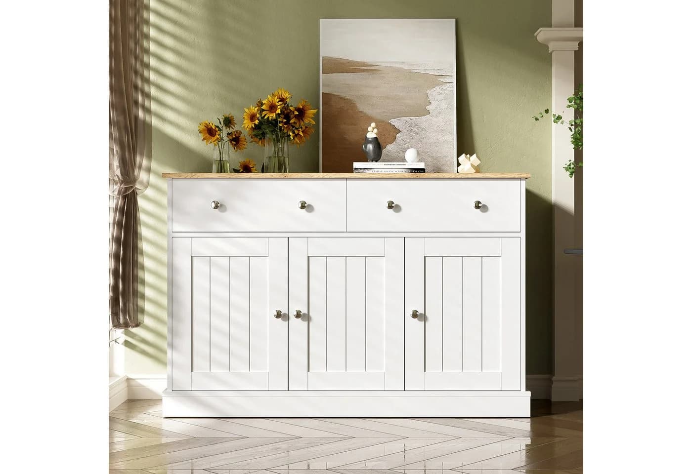 Merax Sideboard Shabby-Stil 120cm Weiß mit Schubladen & Türen - Bild 4