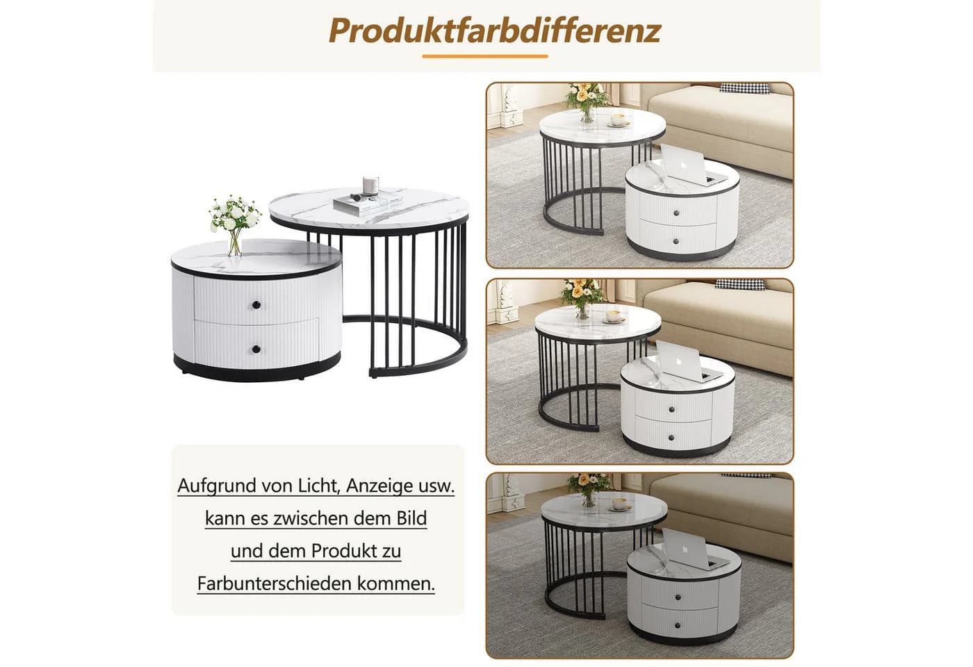 Merax Couchtisch Set 2-tlg. Weiß/Gold Marmoroptik